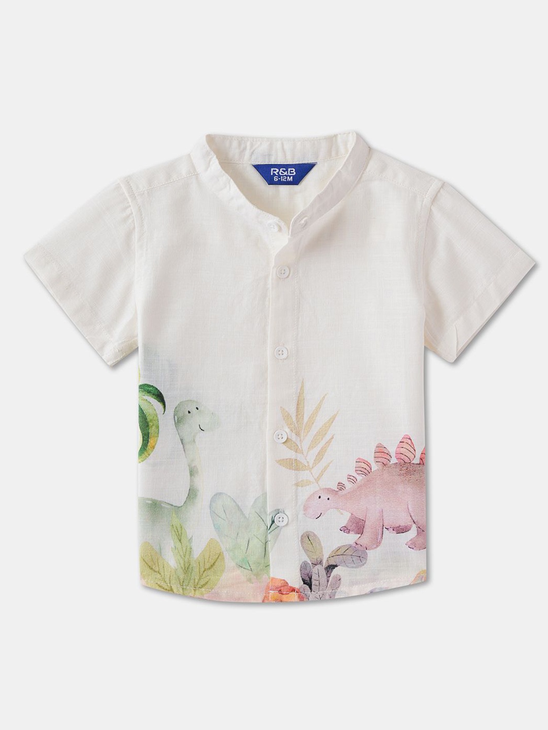 

R&B Boys Band Collar Graphic Printed Cotton Casual Shirt, Off white