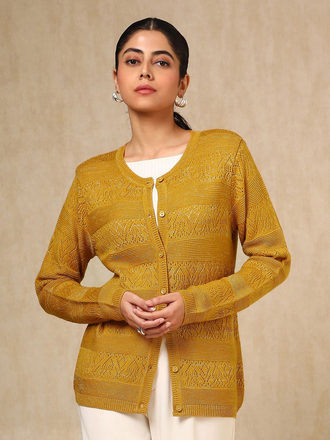 

Soch Women Self Design Round Neck Cardigan, Yellow