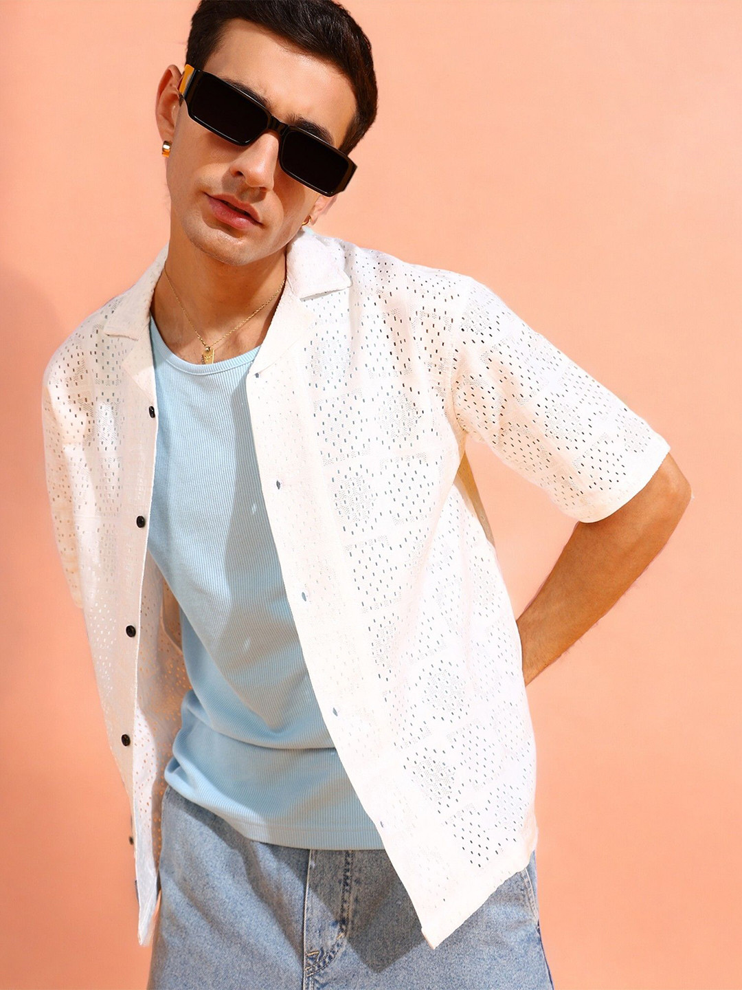 

INDICLUB Men Relaxed Fit Cuban Collar Textured Casual Shirt, White