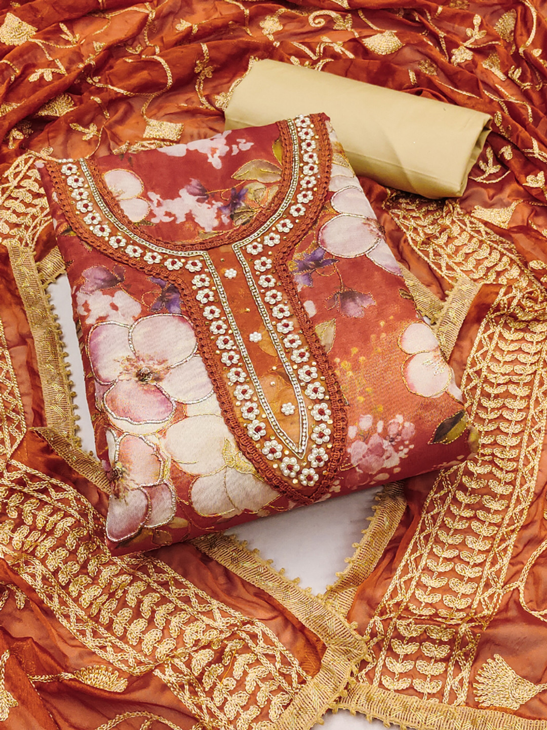 

ASISA Floral Printed Beads And Stones Unstitched Dress Material, Brown