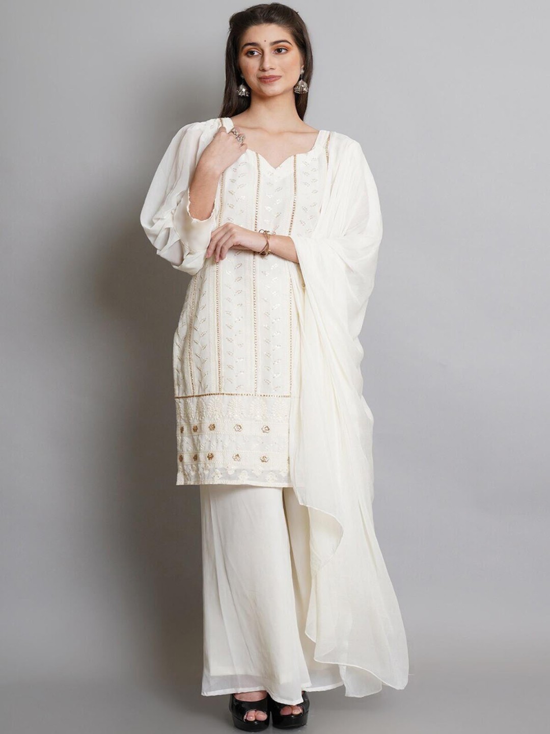 

SANCIA Floral Embroidered Notch Neck Sequinned Straight Kurta With Sharara And Dupatta, Off white