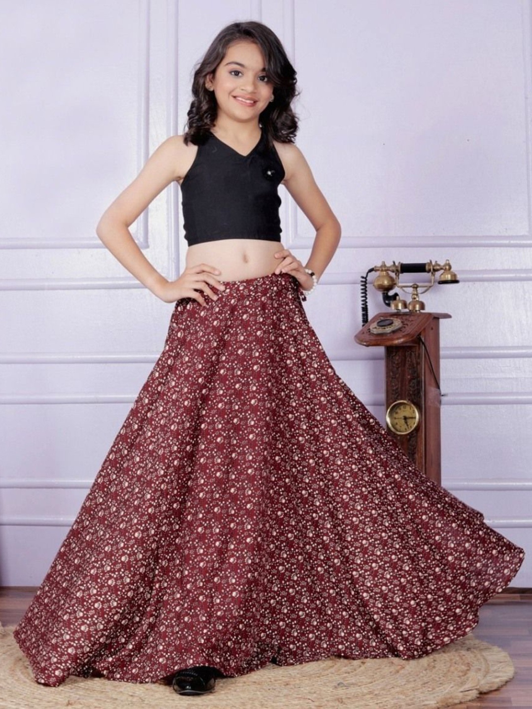 

Anneca Girls Ready To Wear Crop Top With Lehenga & Little Brooch, Maroon