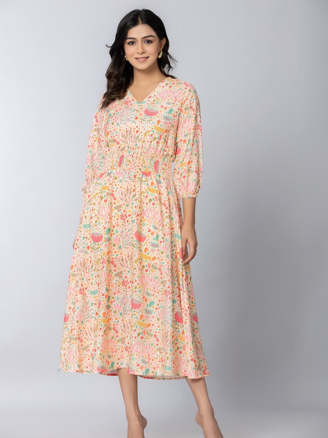 

Aanys Culture Women Floral Printed Smocked Puff Sleeve Fit & Flare Dress, Sea green