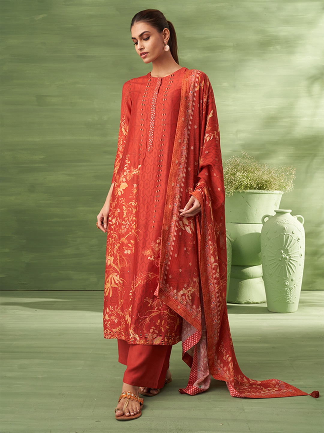 

SAUNDH Floral Printed Unstitched Dress Material, Rust