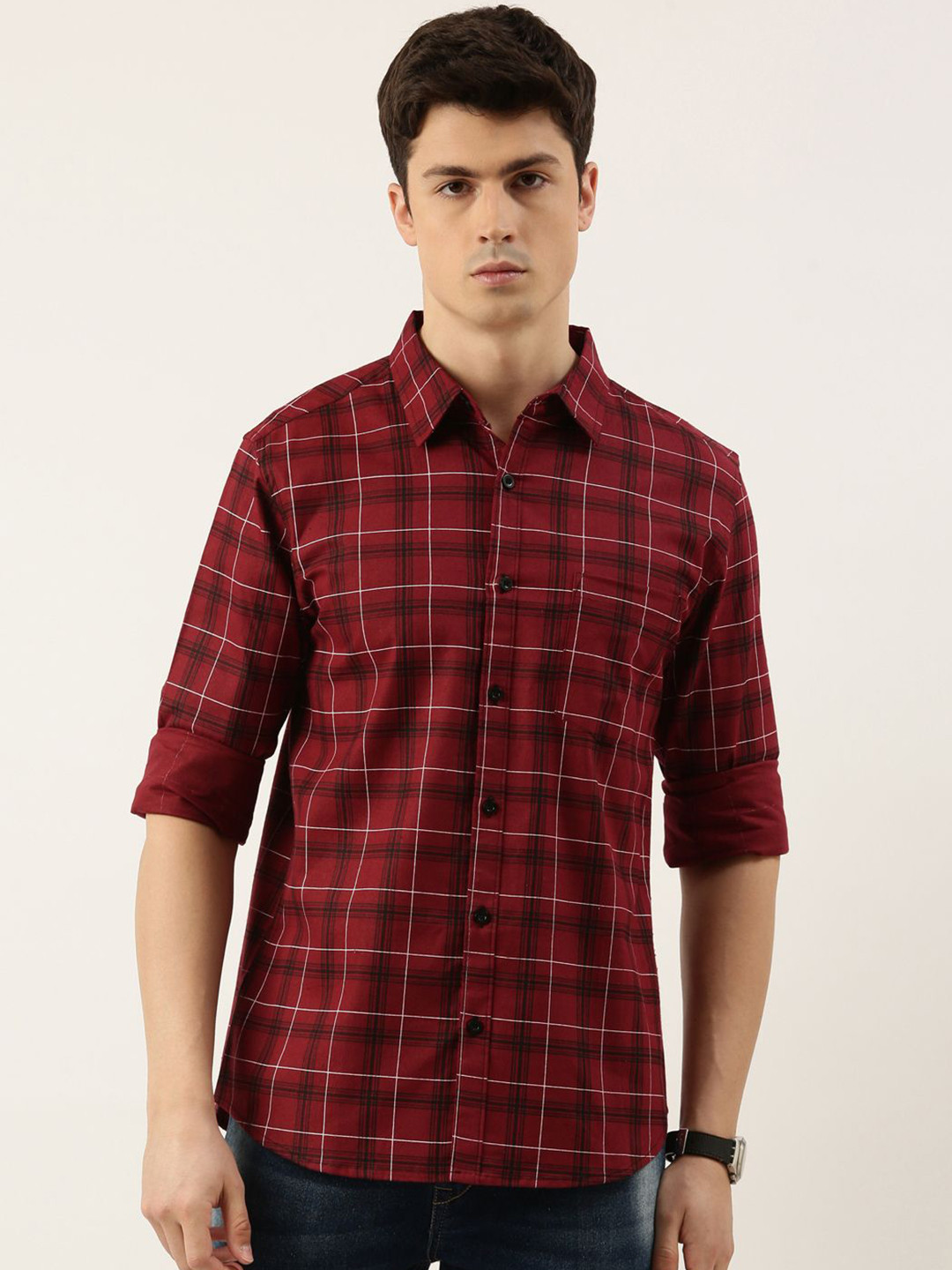 

Metronaut Men Spread Collar Tartan Checked Cotton Casual Shirt, Maroon