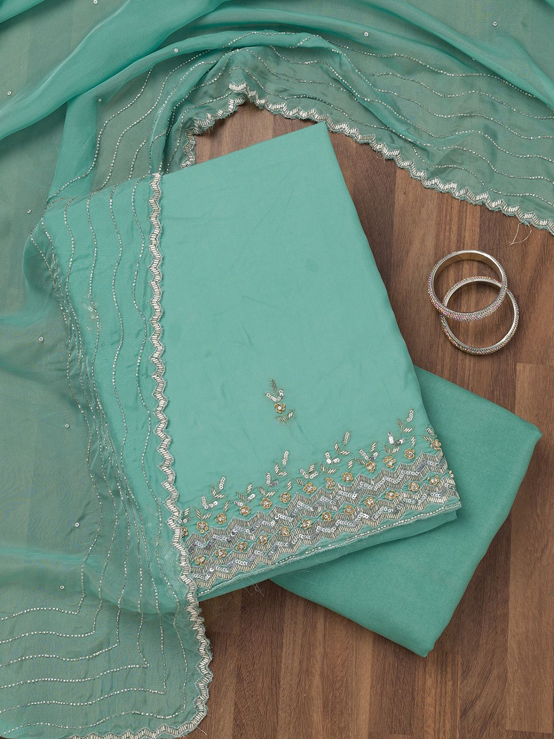 

Koskii Ethnic Motifs Embroidered Beads and Stones Tissue Unstitched Dress Material, Green