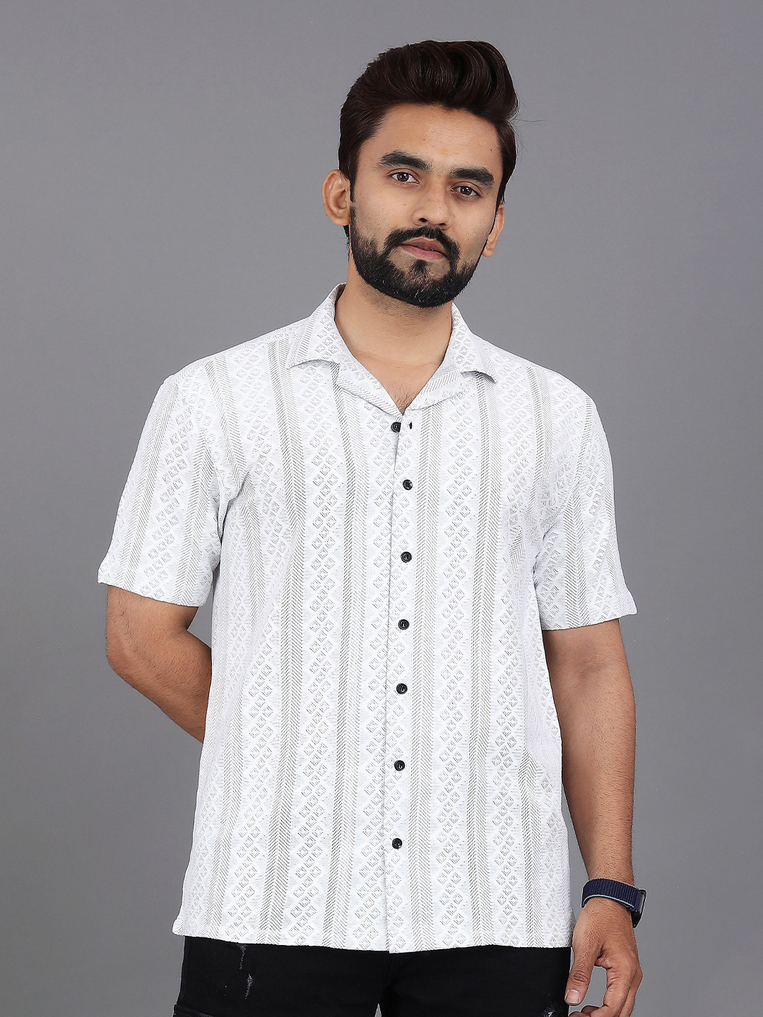 

INDICLUB Men Relaxed Fit Cuban Collar Textured Casual Shirt, White