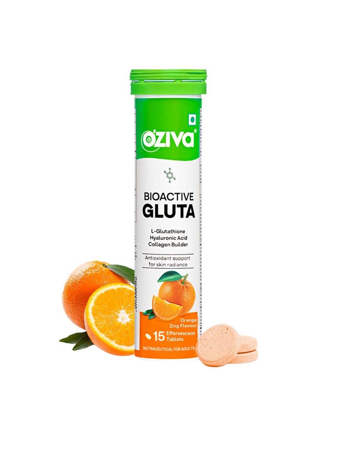 

OZiva Bioactive Gluta Fizzy L-Glutathione - 15 Effervescent - Orange Zing Flavor, Green