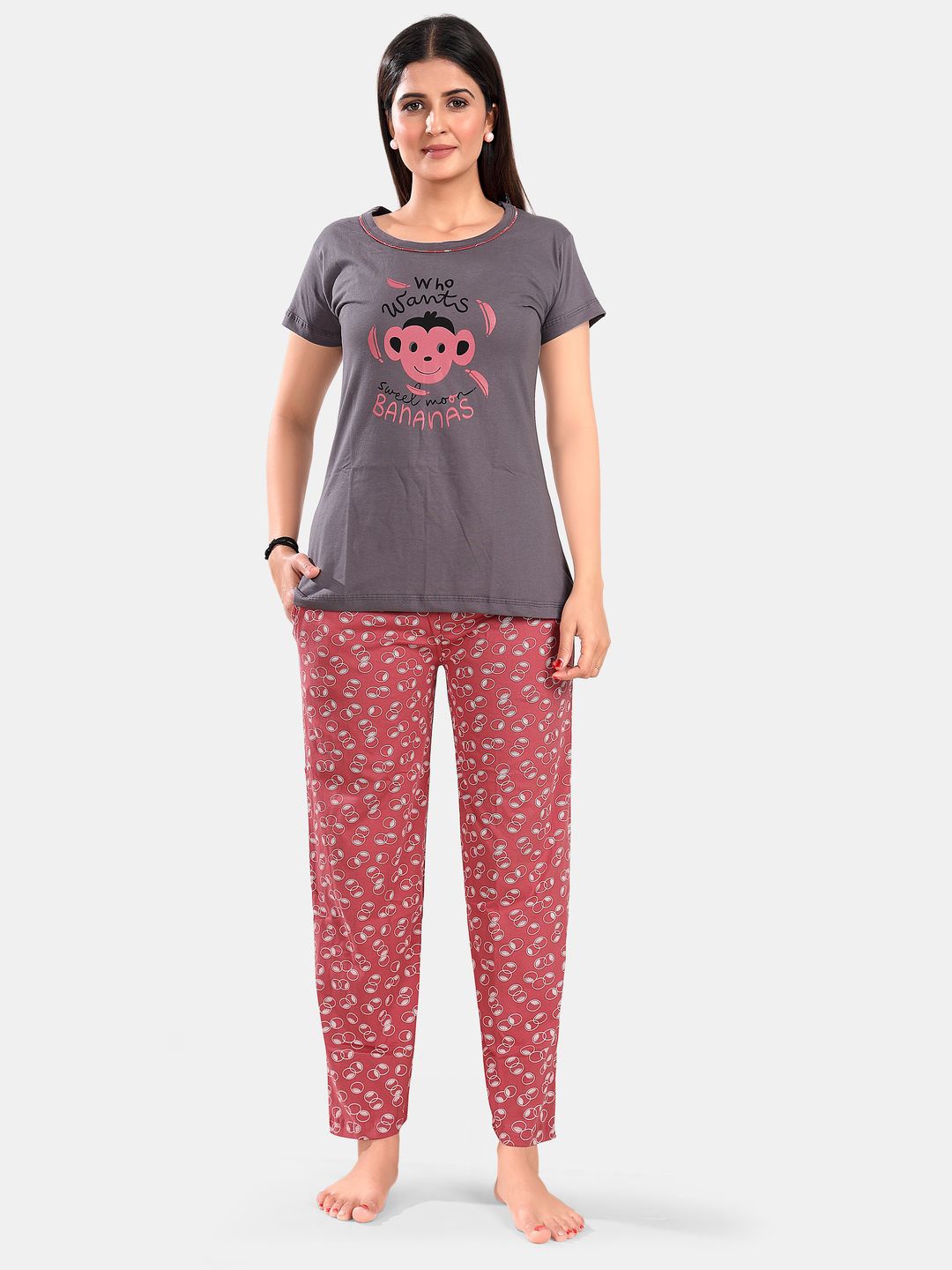 

SWEET MOON Printed Round Neck T-Shirt With Pyjama, Grey