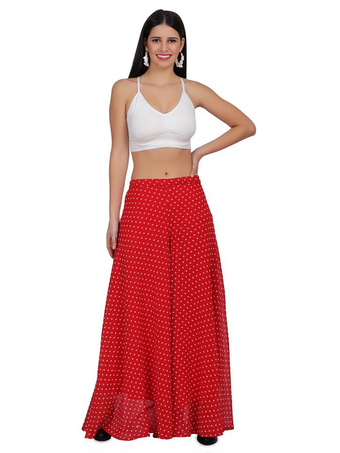 

Warsian Women Polka Dot Printed Flared Georgette Palazzos, Red