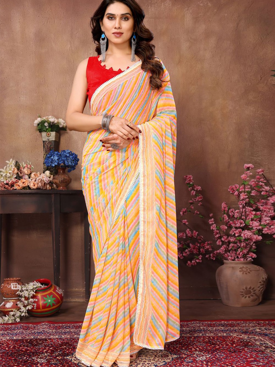 

DIVASTRI Striped Pure Georgette Mysore Silk Saree, Yellow