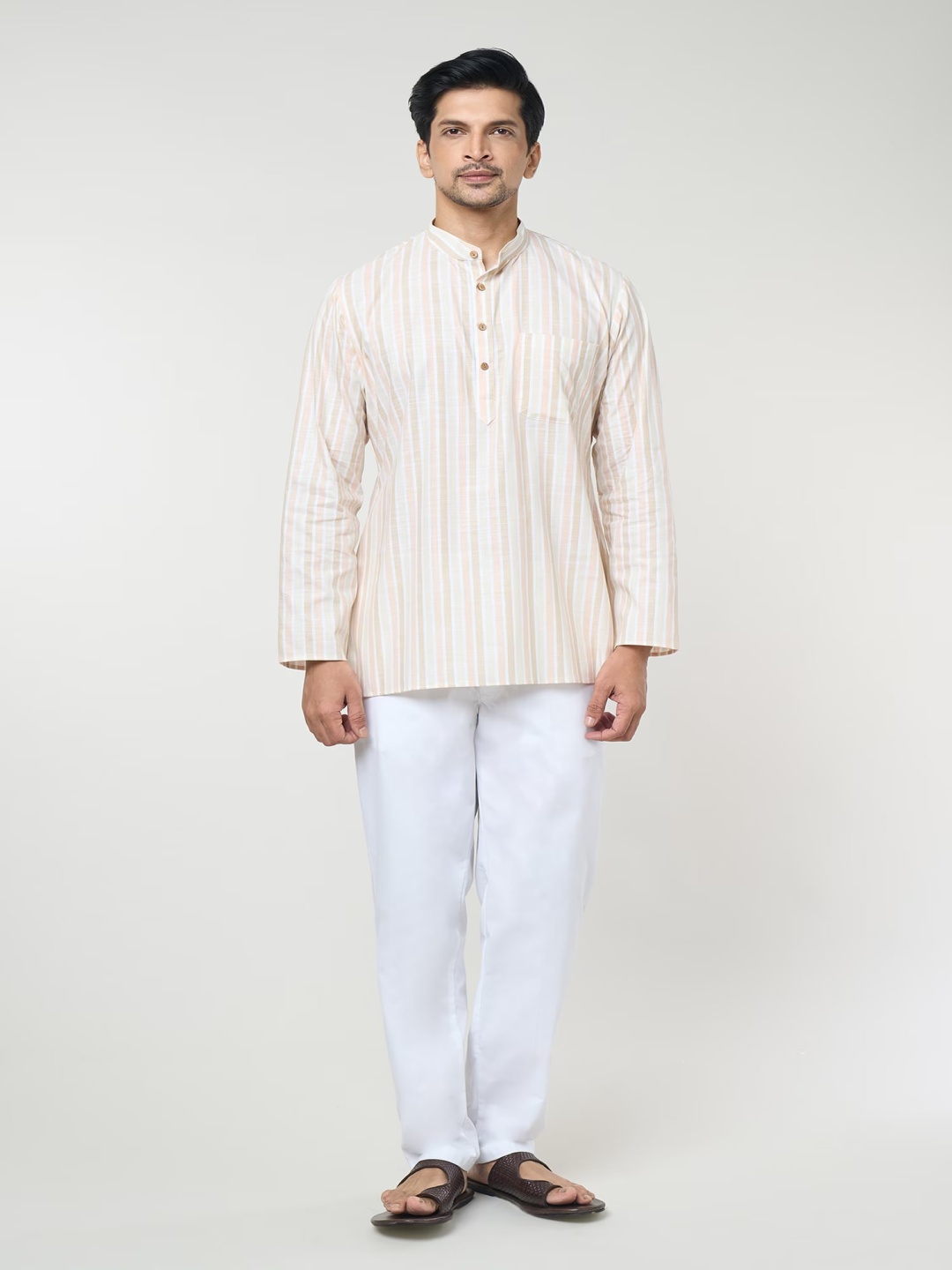 

RNG Safawala Men Striped Band Collar Pure Cotton Straight Kurta With Trousers, Beige