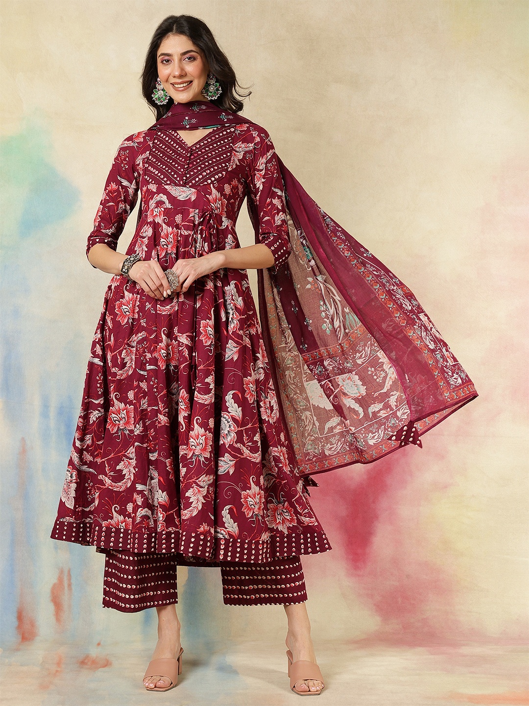 

KIMAYRA Floral Printed V-Neck Pure Cotton Anarkali Kurta With Palazzos And Dupatta, Maroon