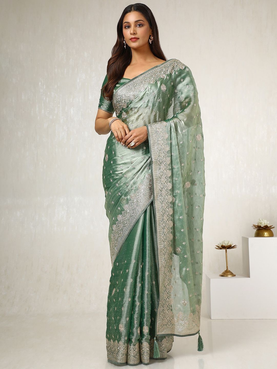 

Soch Women Floral Embroidered Beads and Stones Organza Saree, Green