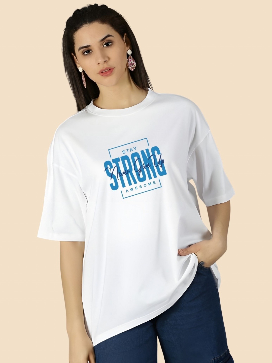 

SZN Women Typography Printed Round Neck Cotton Oversized T-shirt, White