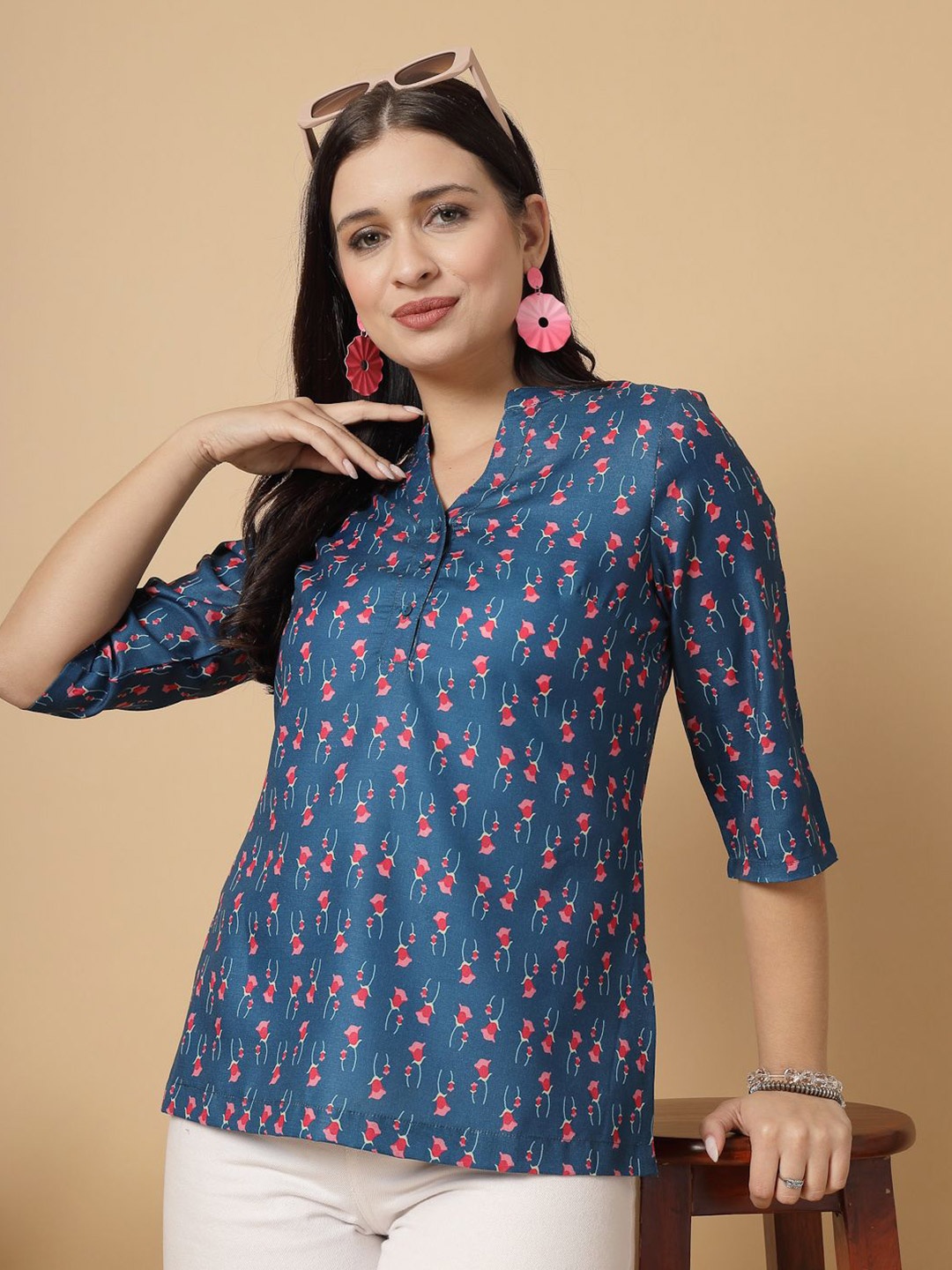

RAASSIO Women Floral Printed Kurti, Blue