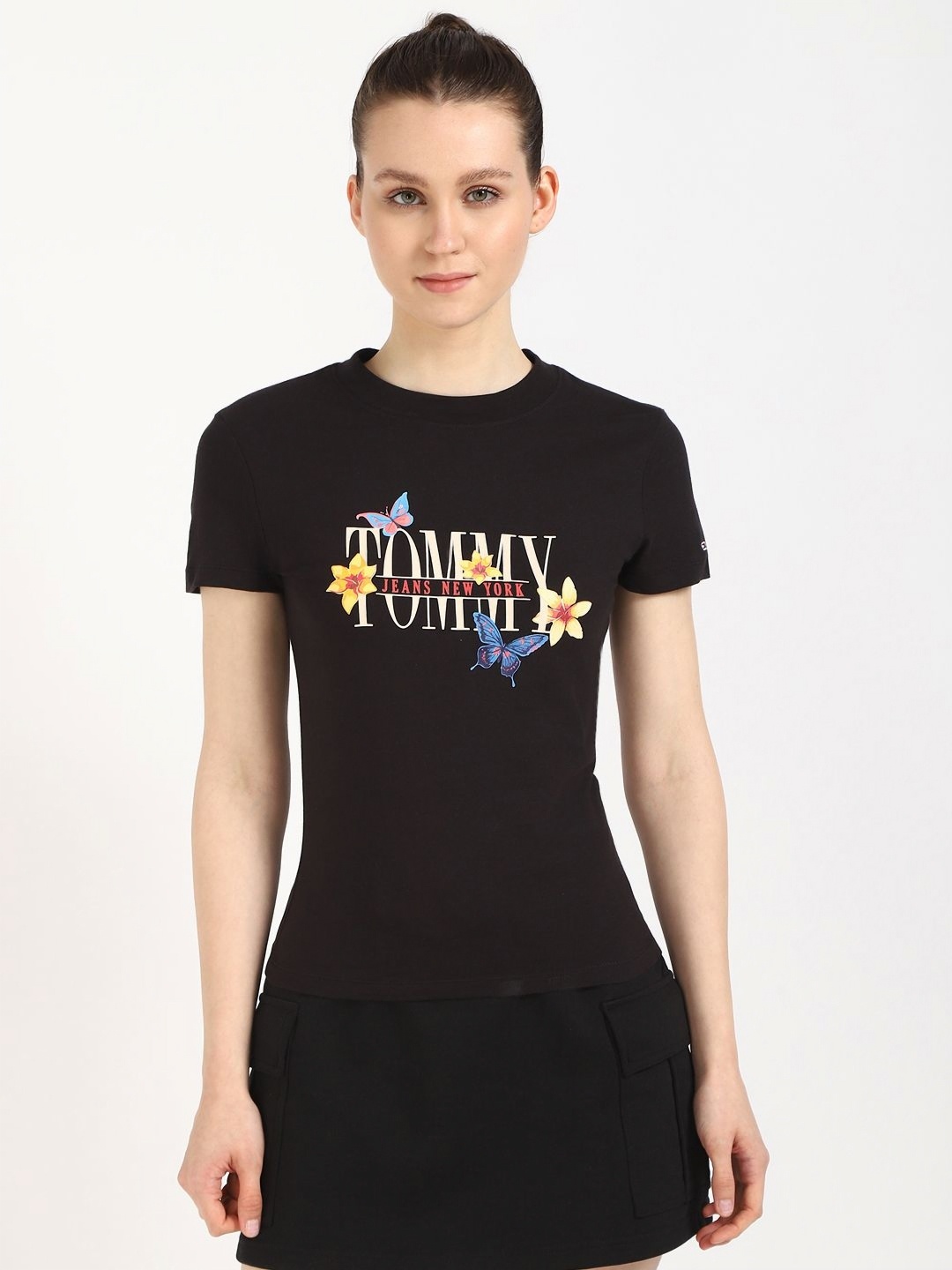 

Tommy Hilfiger Women Typography Printed Round Neck Cotton Slim Fit T-shirt, Black