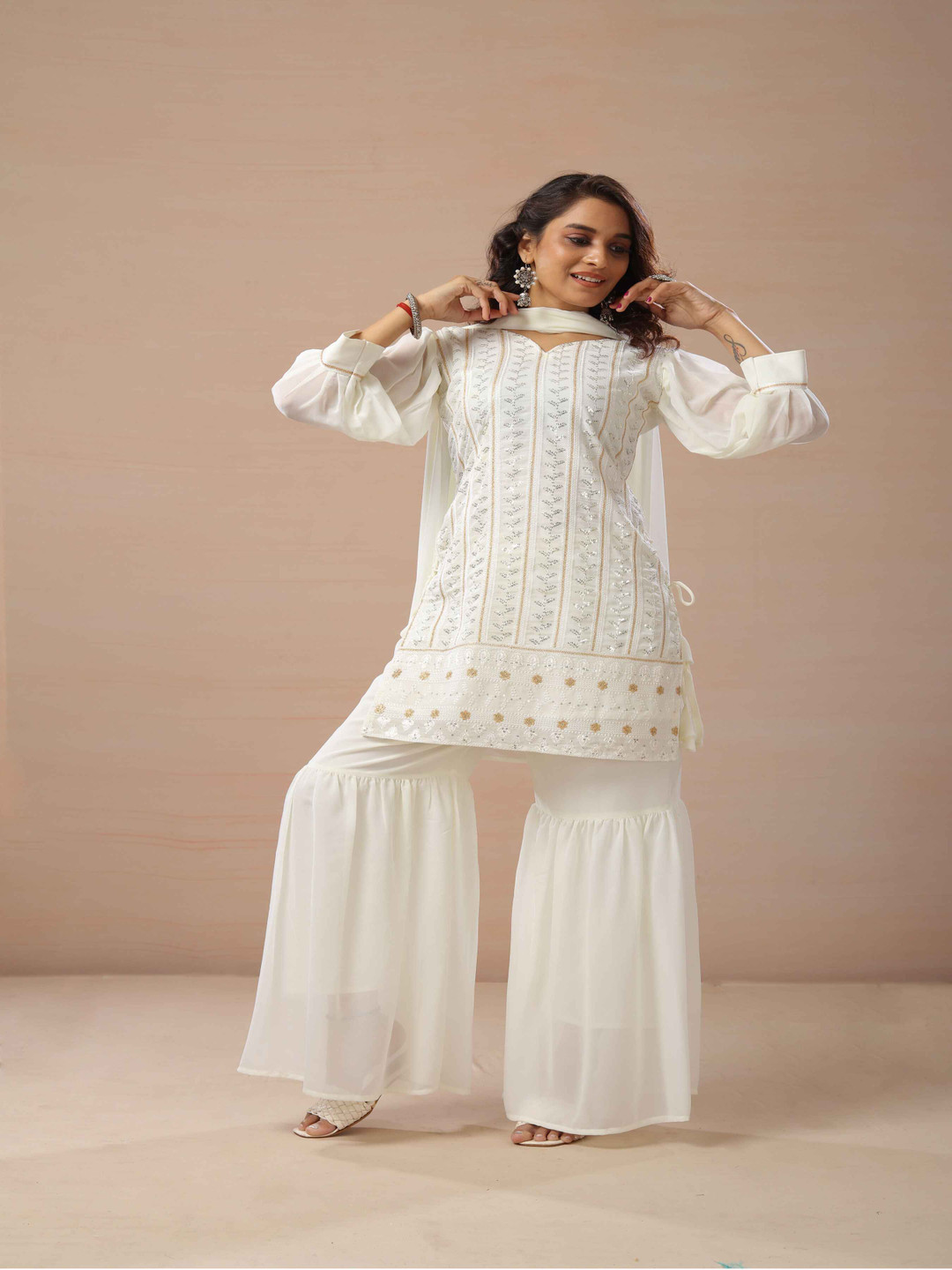 

SANCIA Floral Embroidered Sweetheart Neck Sequinned Kurta With Sharara And Dupatta, Off white