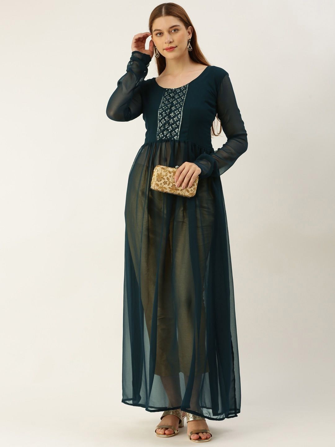 

Aksharam Trends Yoke Design Sequinned High Slit Anarkali Kurta, Teal