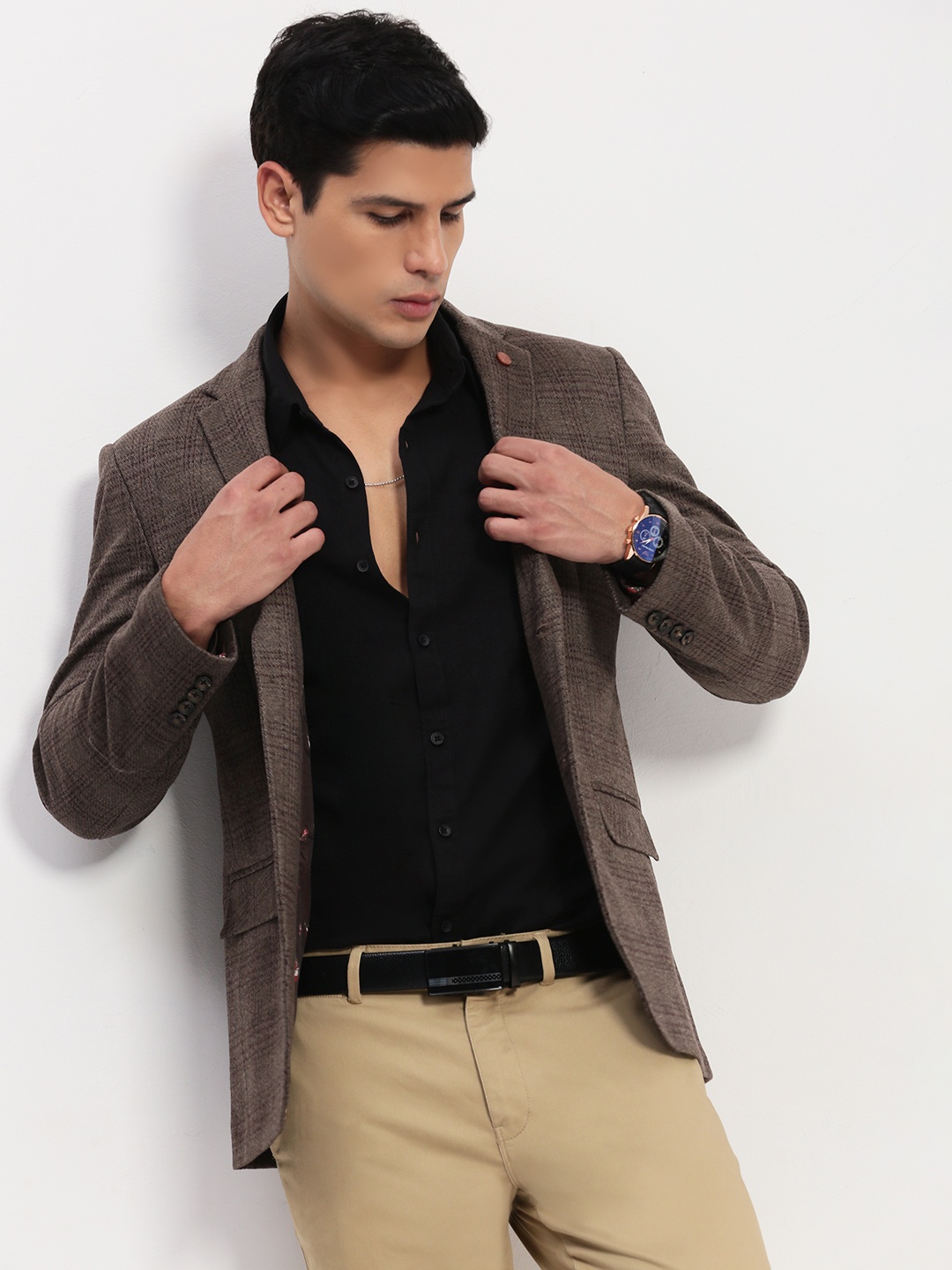 

SHOWOFF Checked Notched Lapel Slim-Fit Cotton Single-Breasted Blazer, Brown