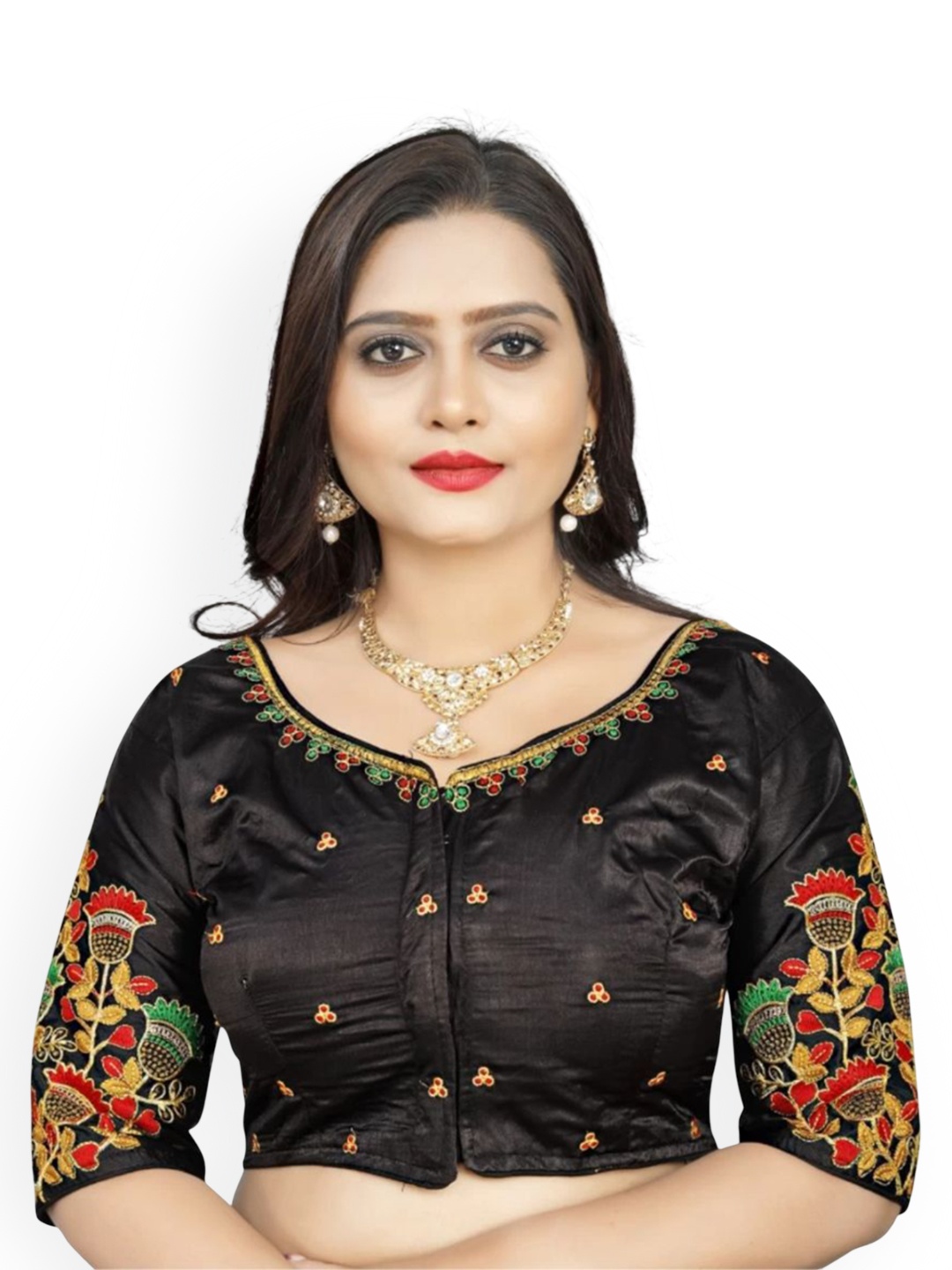 

HERE&NOW Embroidered Round Neck Saree Blouse, Black