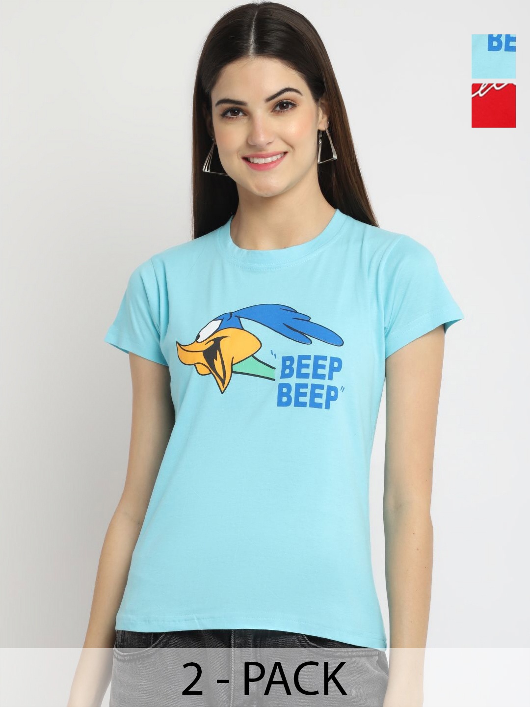 

Dreambe Women Pack Of 2 Graphic Printed Round Neck Cotton T-shirts, Blue
