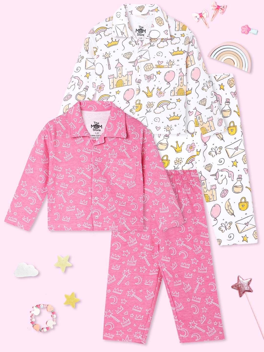 

The Mom Store Kids Pack of 2 Printed Pure Cotton Night suit, White