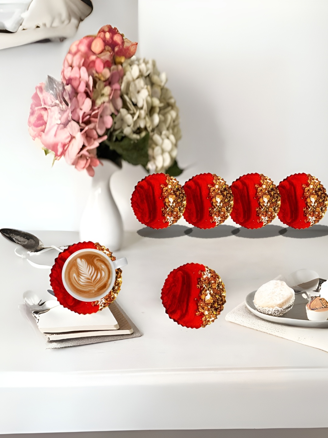 

ShopMeFast 6-Pcs Red & Brown Round Resin Coaster Set