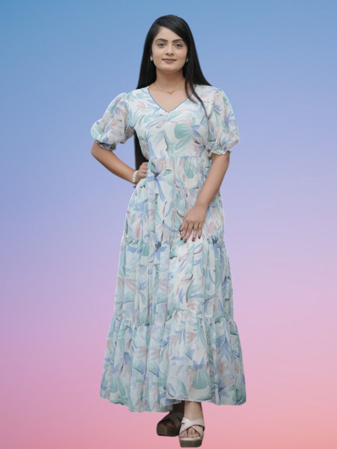 

BAESD Print Puff Sleeve Ruffled Georgette Fit & Flare Maxi Dress, Blue