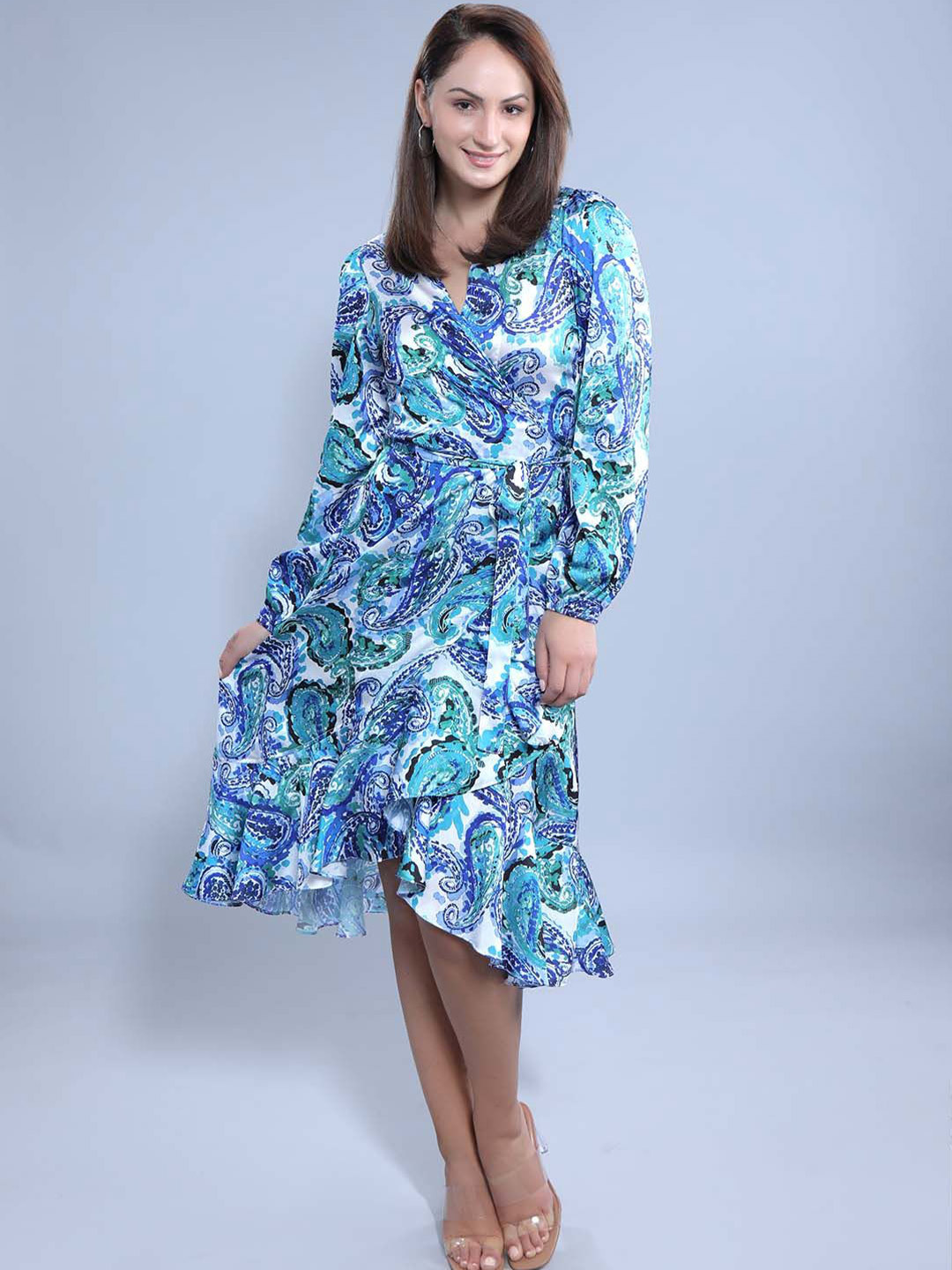 

French Theory Women Ethnic Printed Bishop Sleeve Wrap Dress, Blue