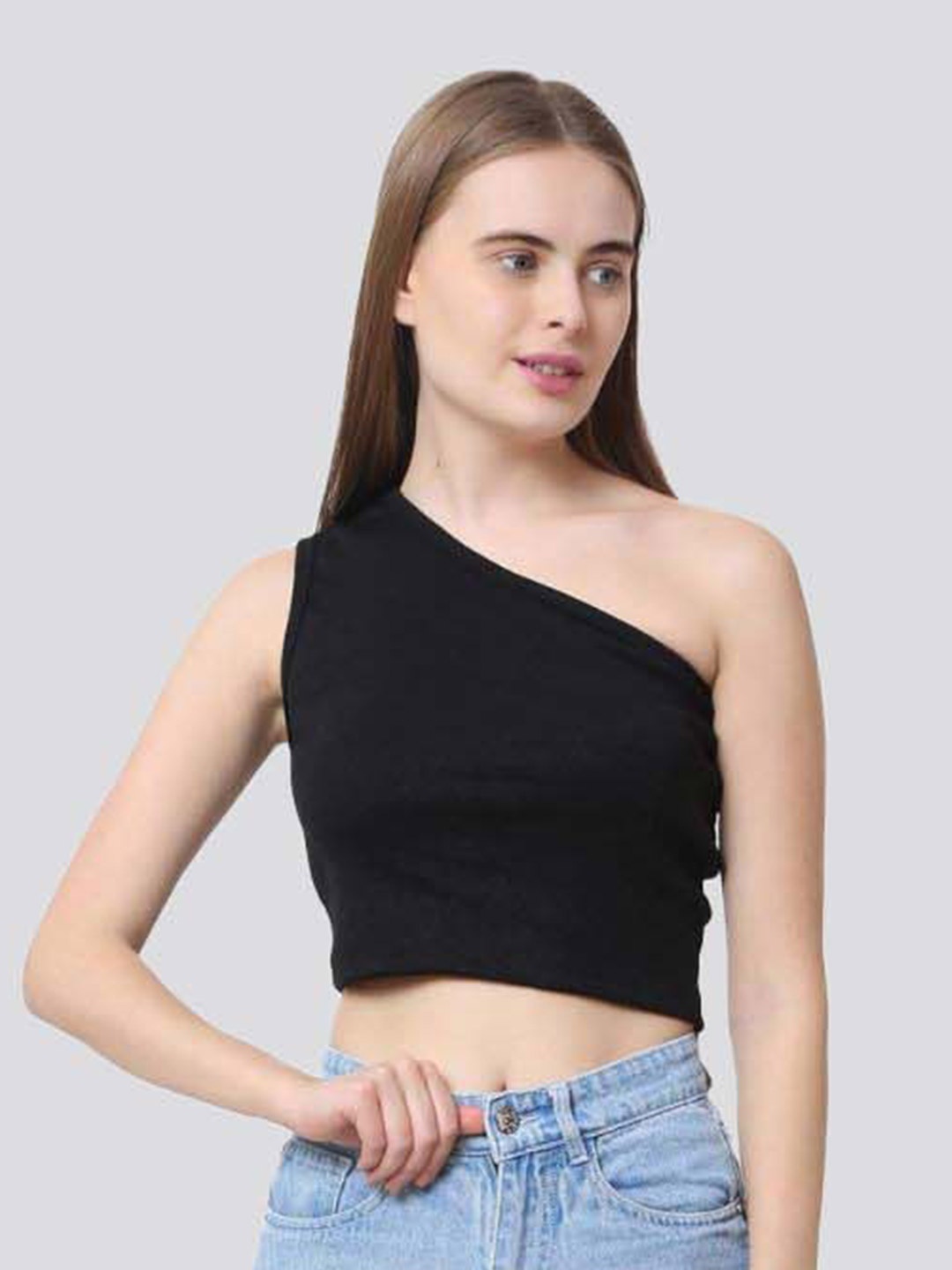 

Sizi One Shoulder Tank Crop Top, Black