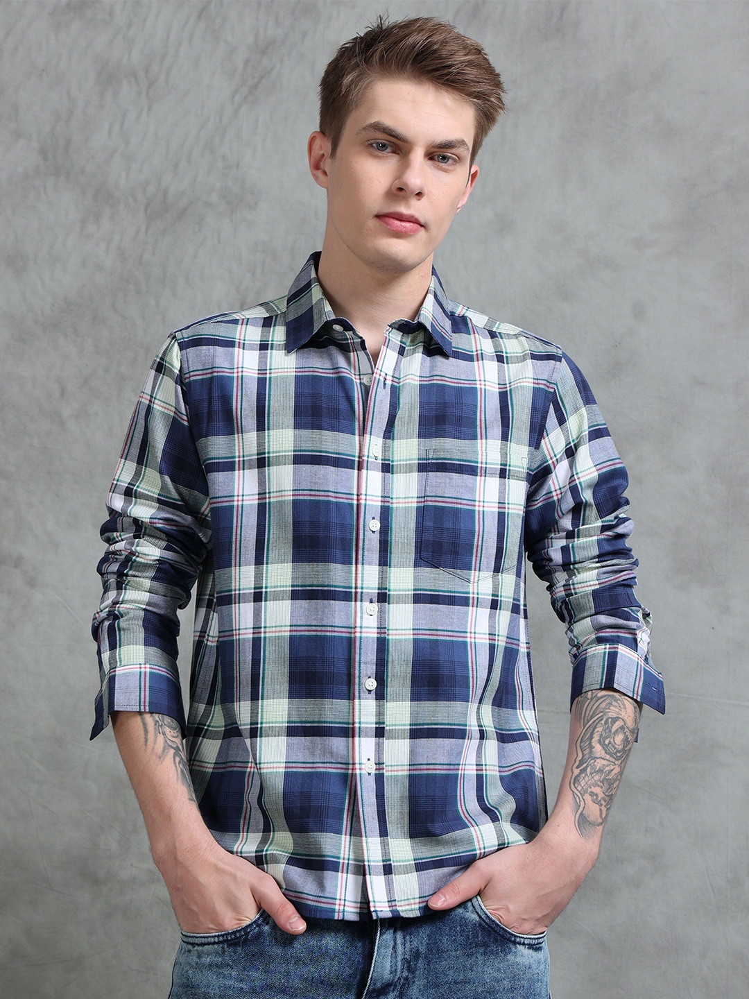 

StitchX Men Standard Fit Spread Collar Tartan Checked Cotton Casual Shirt, Blue