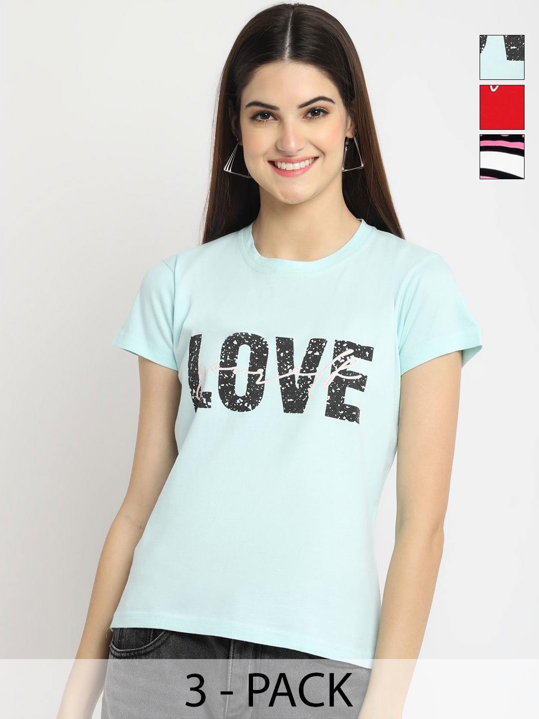

Dreambe Women Pack Of 3 Typography Printed Round Neck Cotton T-shirts, Blue