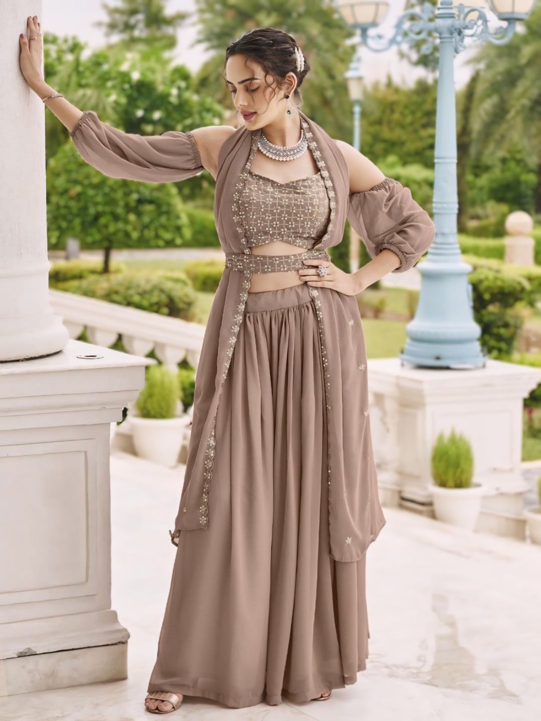 

SANCIA Shoulder Straps Detachable Sleeves Ethnic Crop Top With Palazzos & Dupatta, Khaki