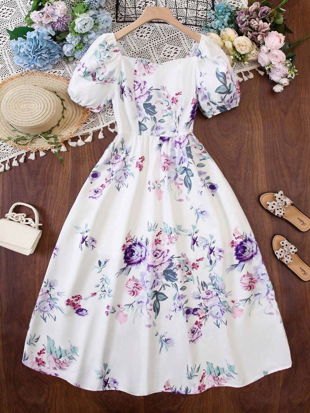

BAESD Girls Floral Printed Puff Sleeves Fit & Flare Dress, White