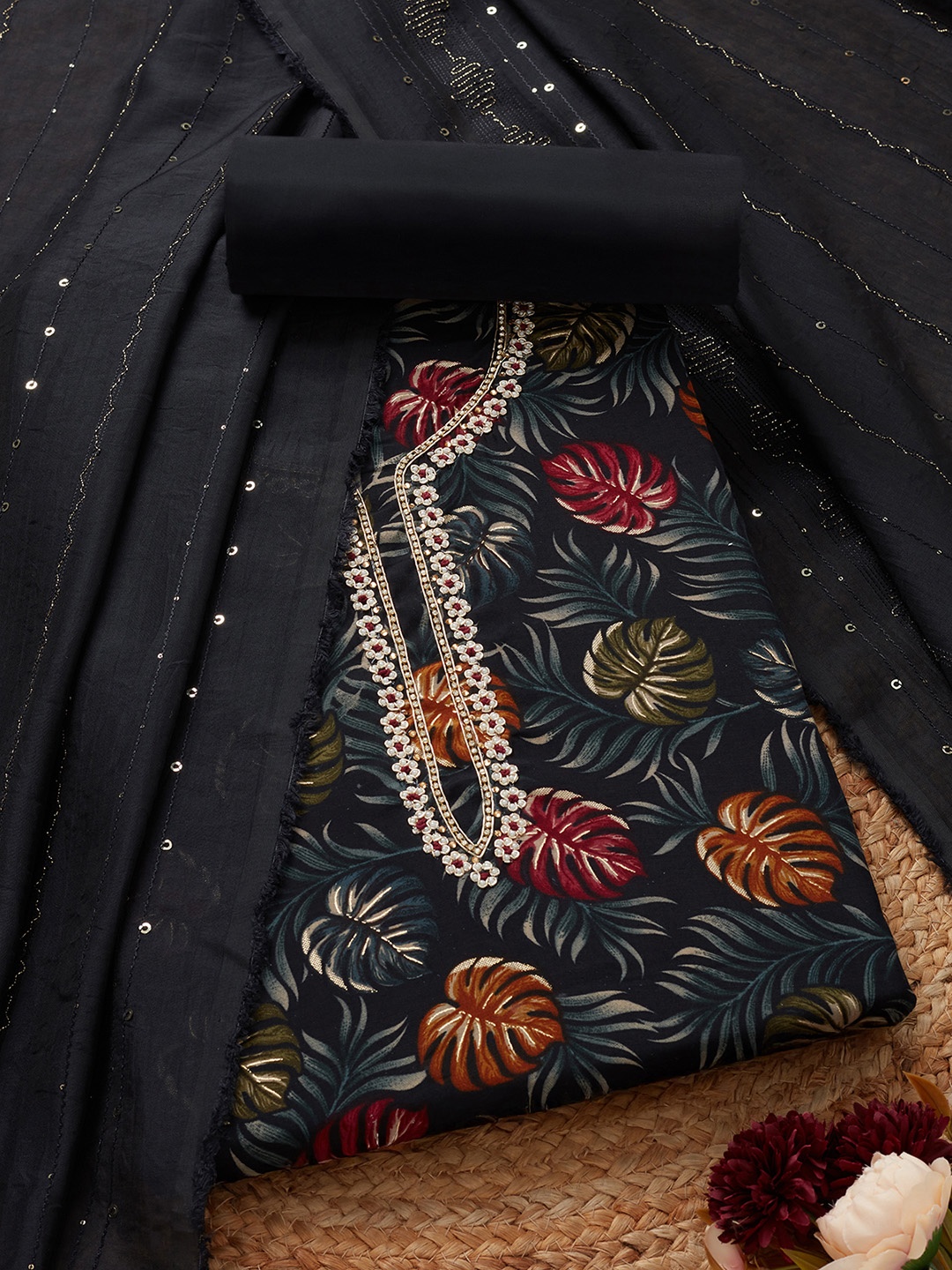 

Soch Botanical Printed Beads and Stones Modal Silk Unstitched Dress Material, Black