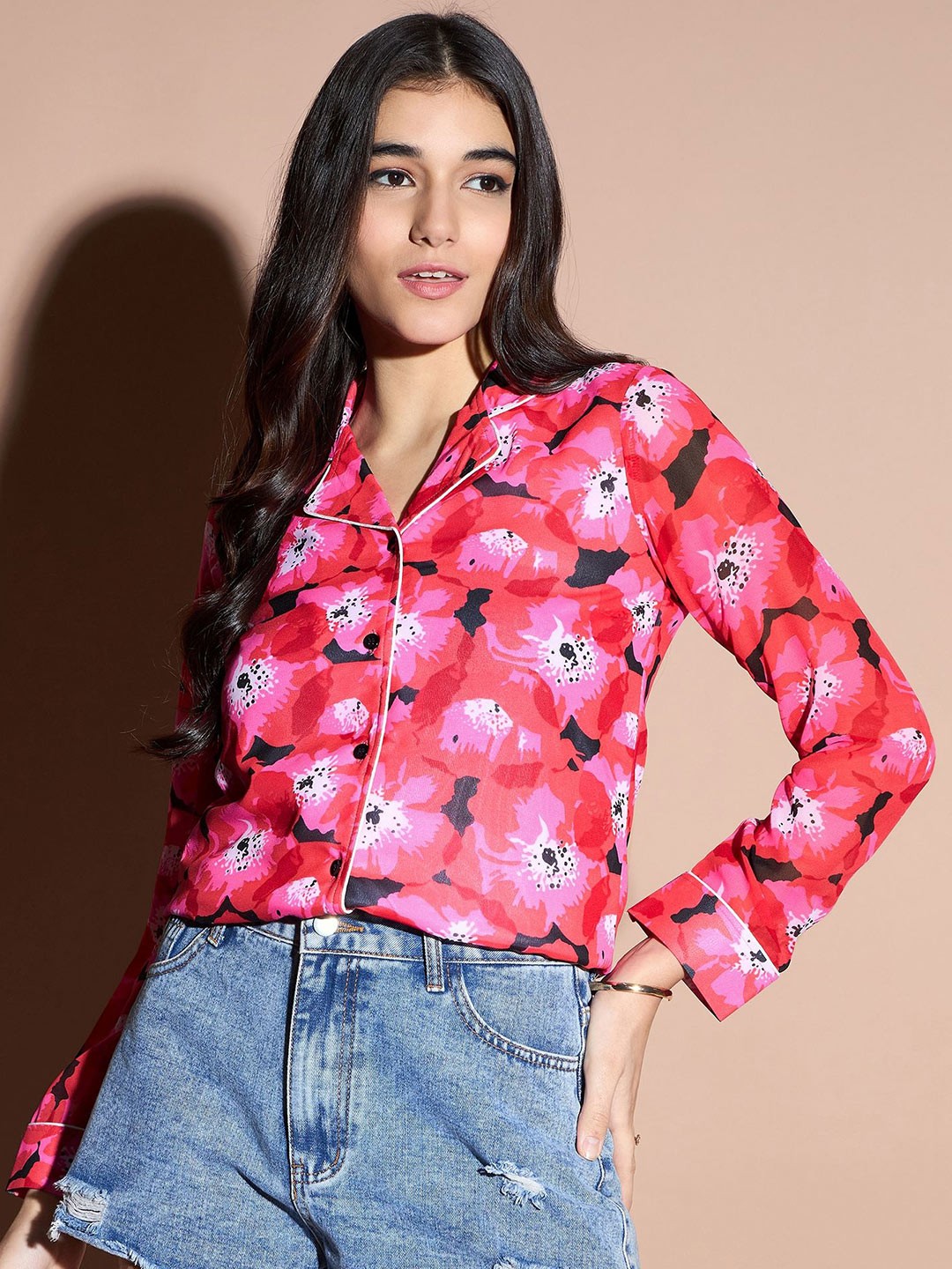

CORSICA Print Georgette Shirt Style Top, Pink