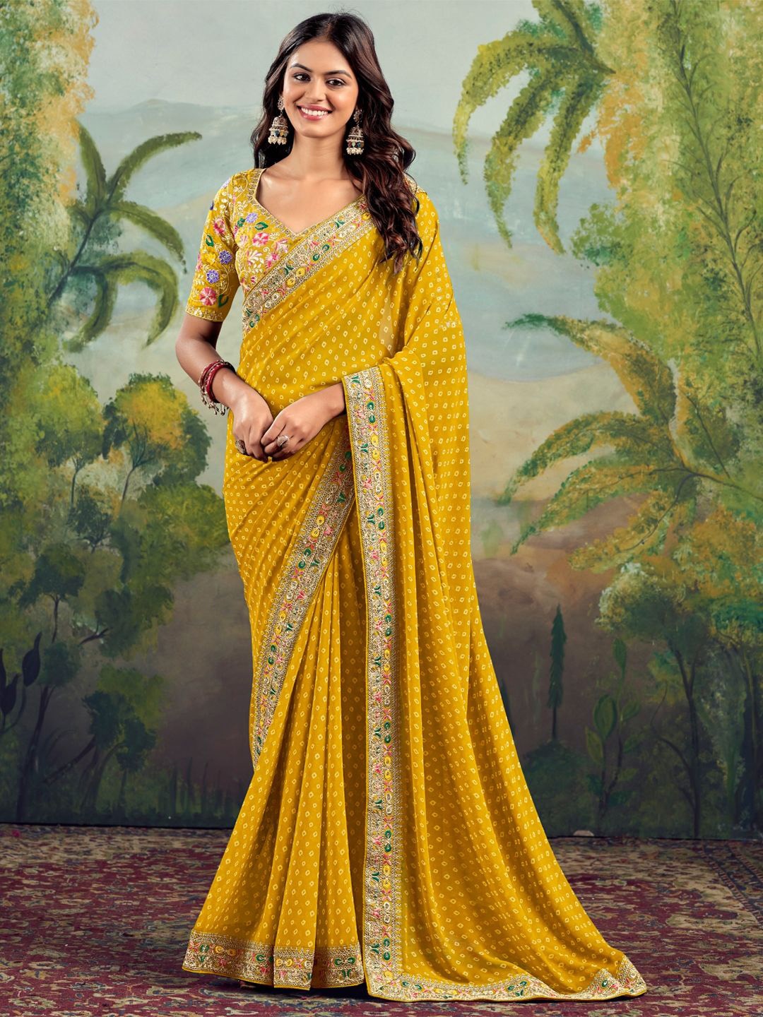 

CHUDIYA Bandhani Embroidered Pure Chiffon Saree, Yellow