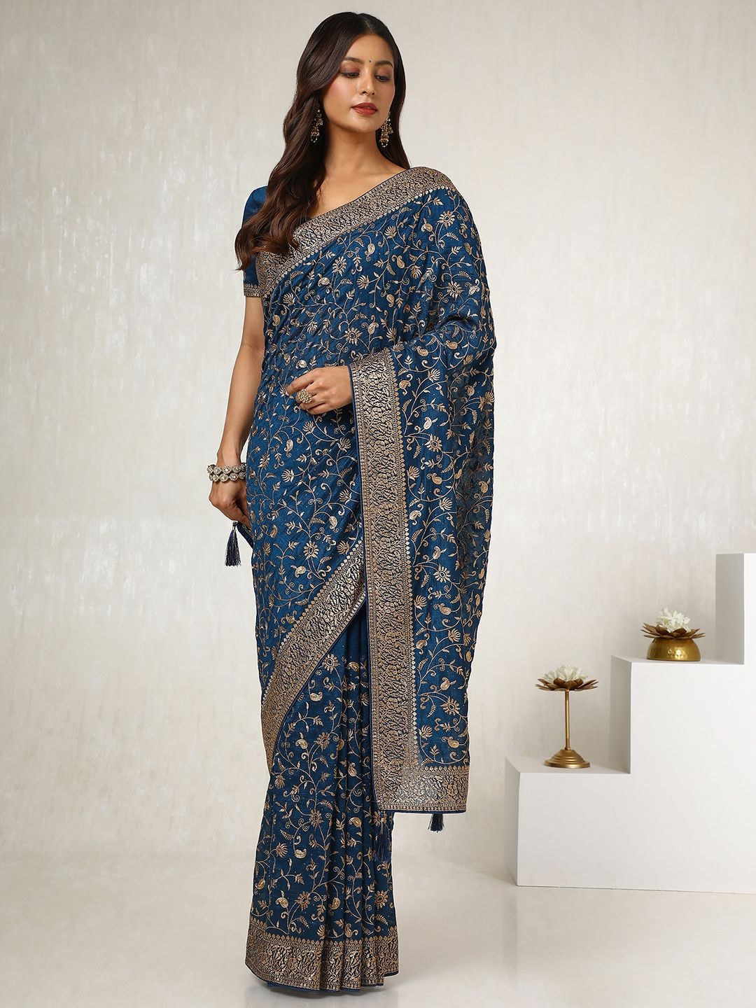

Soch Floral Embroidered Beads and Stones Tussar Saree, Blue