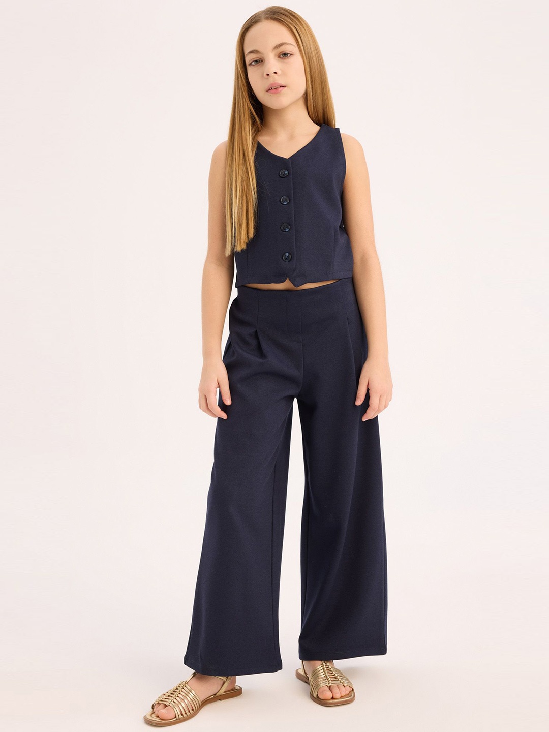 

DeFacto Girls V-Neck Sleeveless Coat with Trousers, Navy blue