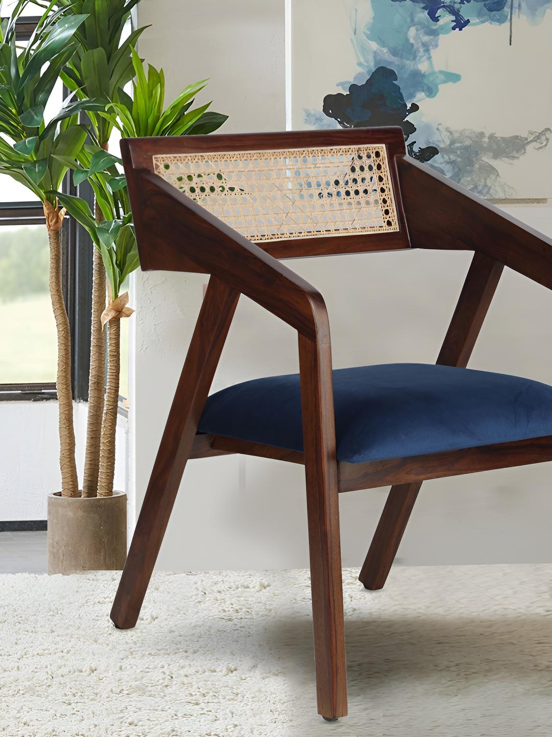 

GLOBALLY INDIAN Navy Blue And Brown Cane-Back Accent Wooden Lounge Chair