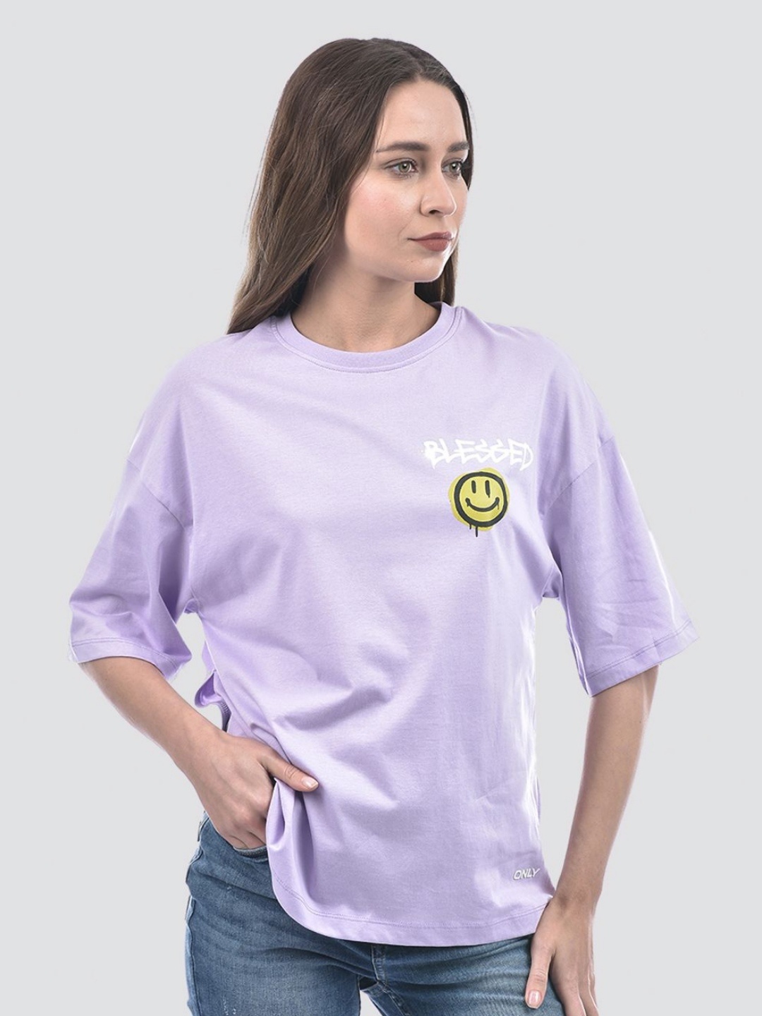 

ONLY Women Graphic Printed Round Neck Cotton Oversized T-shirt, Lavender