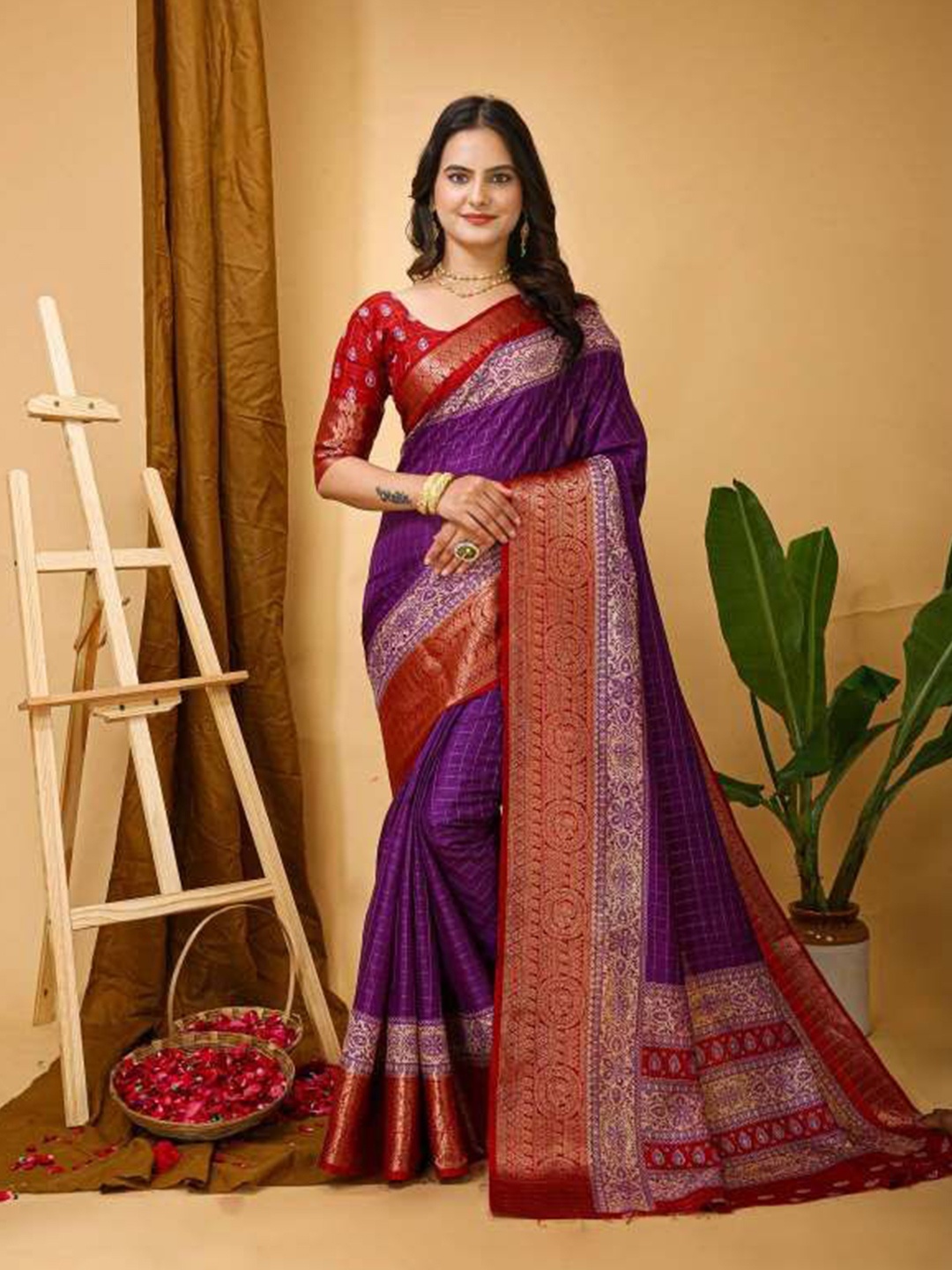 

HI FI NX Checked Zari Silk Cotton Kanjeevaram Saree With Blouse Piece, Purple