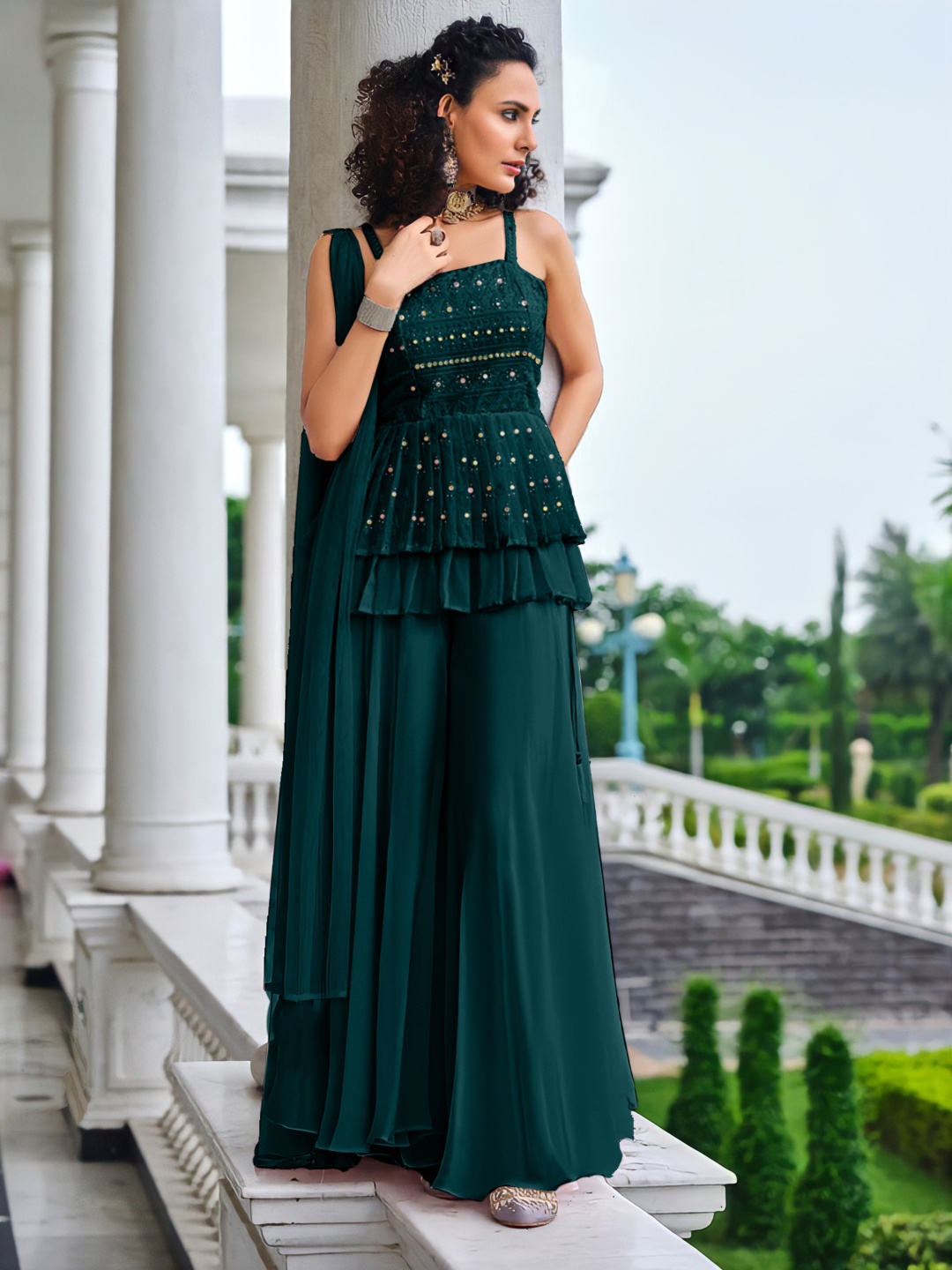 

SANCIA Shoulder Straps Embroidered Georgette Ethnic Tunic With Palazzos & Dupatta, Teal