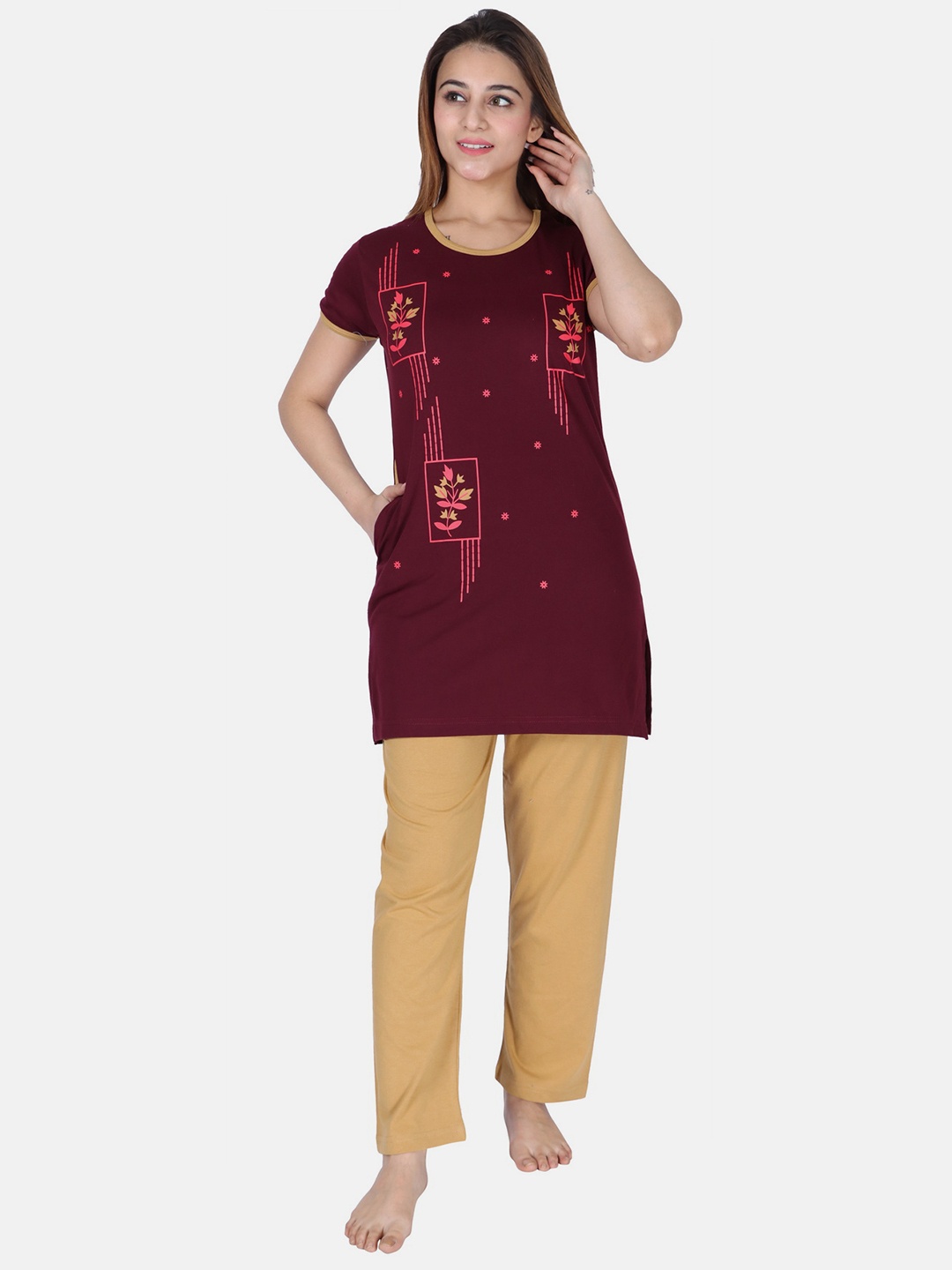 

Divine Girl Women Printed Pure Cotton Night suit, Maroon