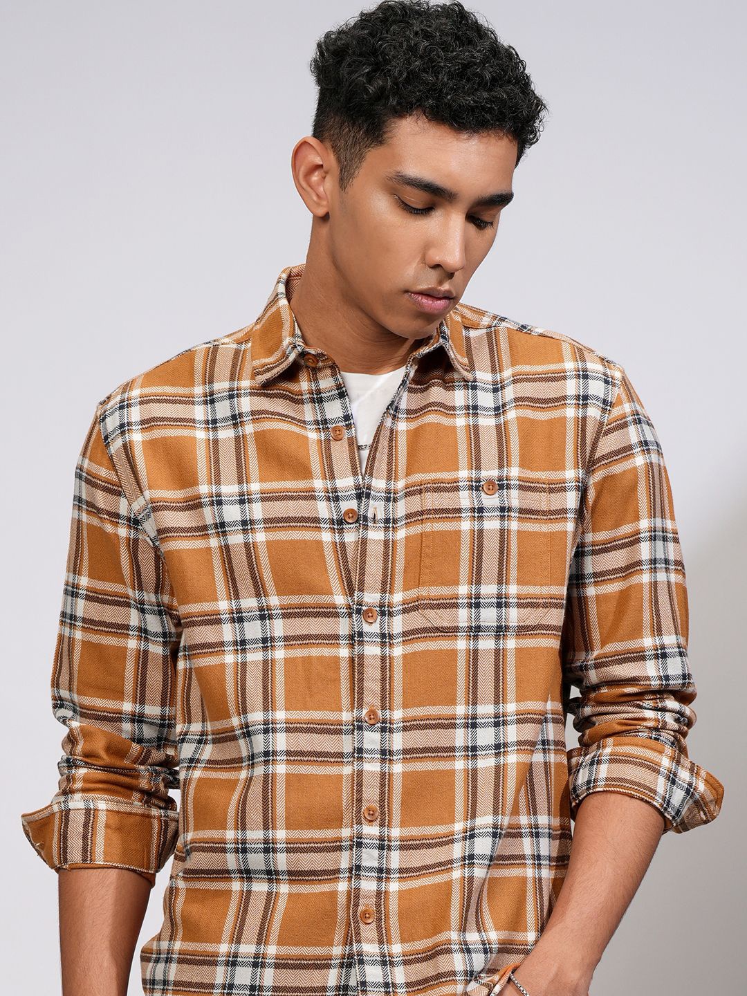 

HIGHLANDER Men Herringbone Melange Textured Checked Relaxed Overshirt, Orange
