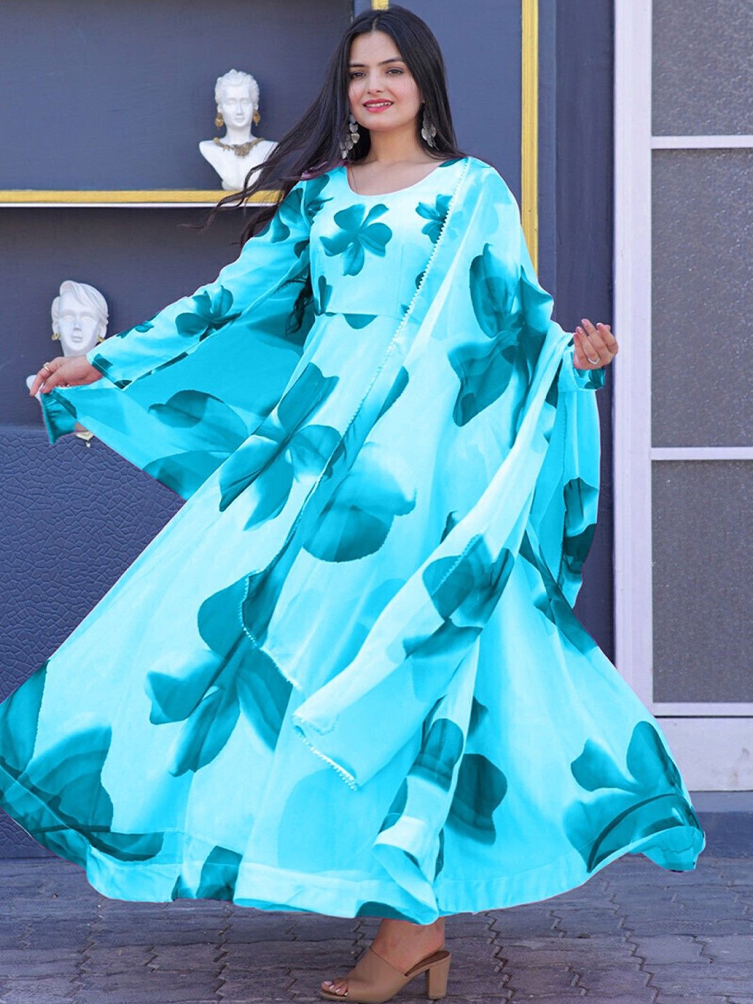 

Raiyani Enterprise Floral Print Crepe Fit & Flare Maxi Dress, Blue