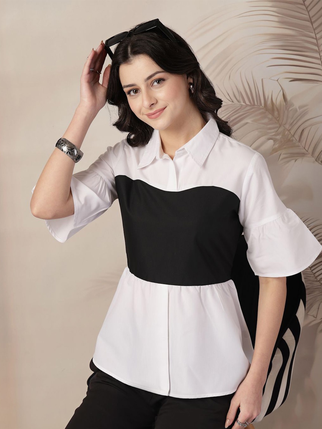 

Style Quotient Colourblocked Flared Sleeve Peplum Top, White