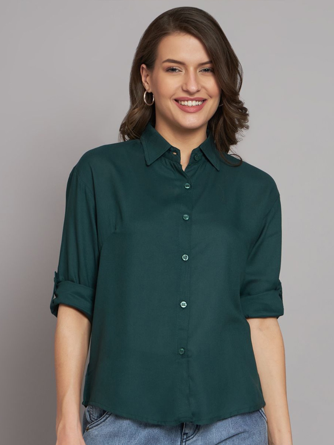 

Funday Fashion Women Regular Fit Spread Collar Solid Casual Shirt, Green
