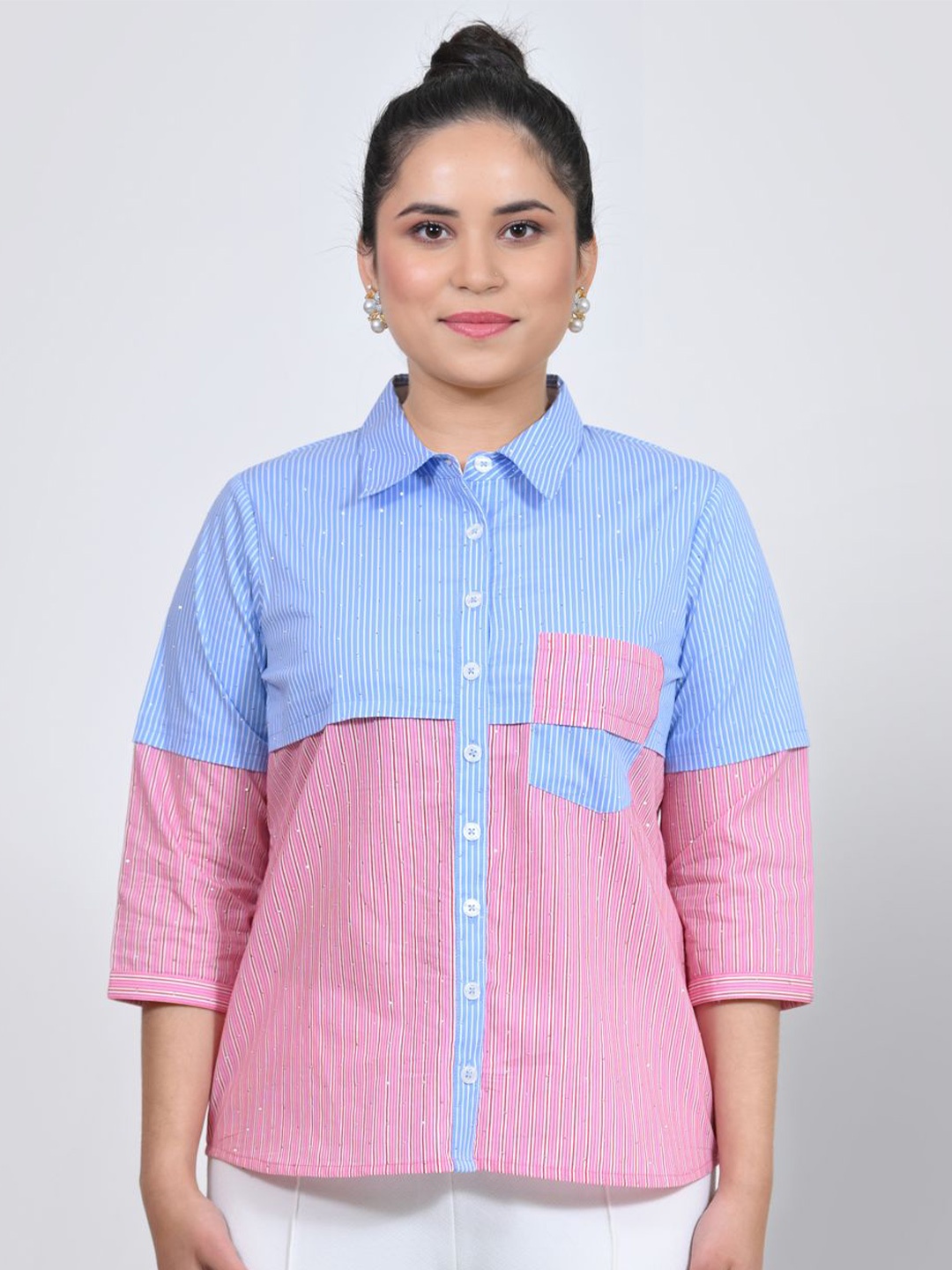 

OFFICE & YOU Women Straight Fit Spread Collar Vertical Striped Cotton Casual Shirt, Blue